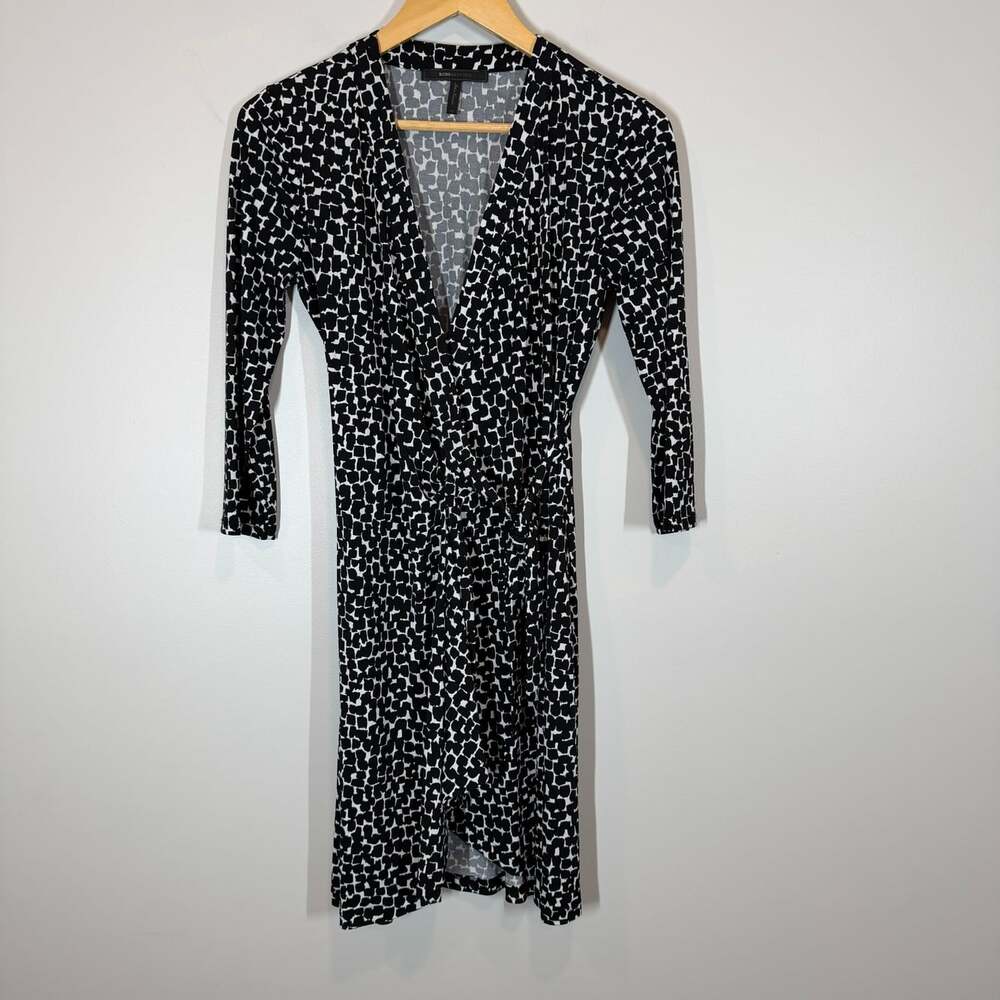 BCBGMAXAZRIA Wrap Dress Womens XS Black White Abstract Print Long Sleeve
